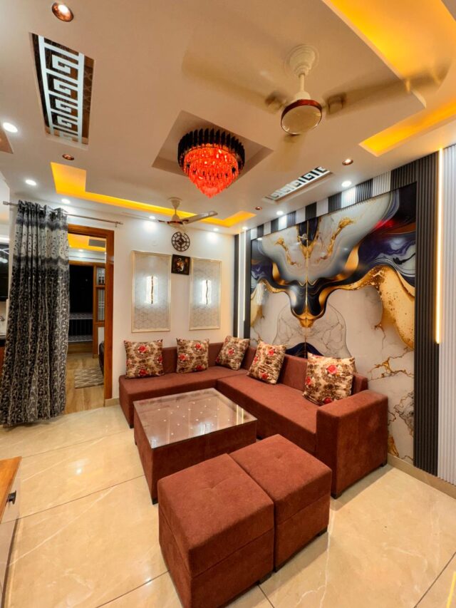 Modern living room with sectional sofa and artistic wall