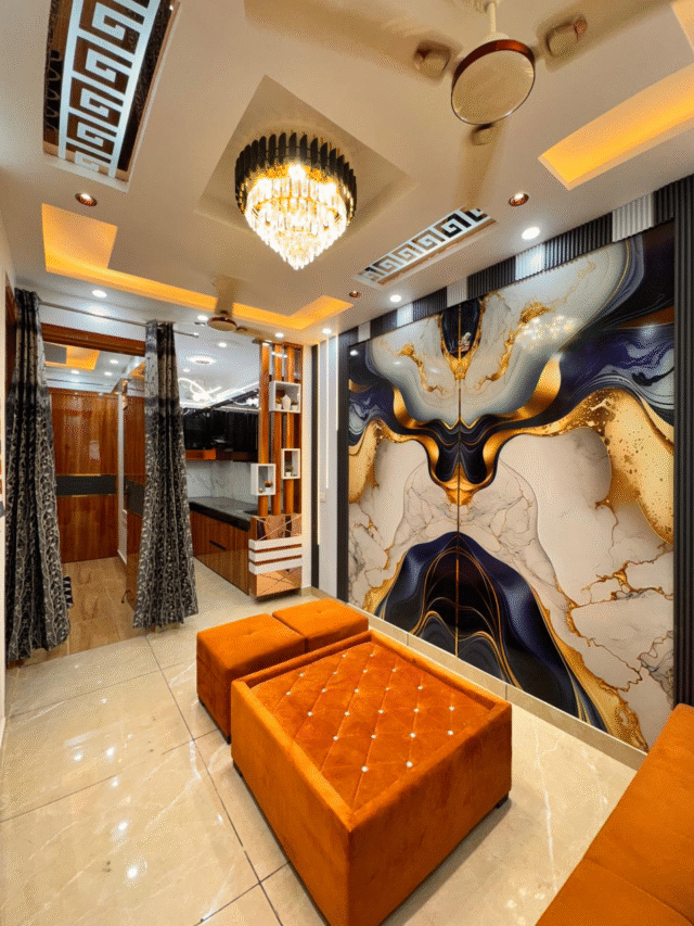 Modern living room with designer false ceiling and luxury wall panel