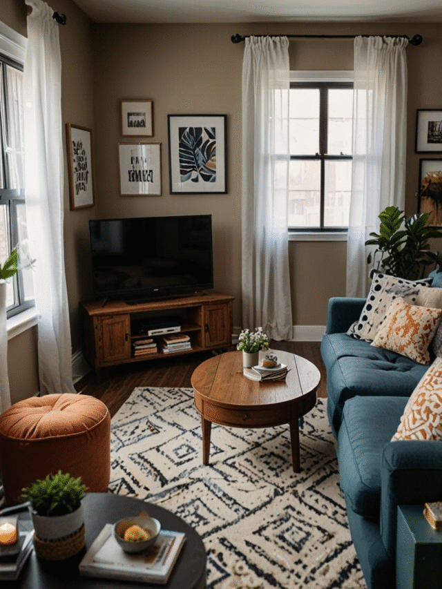 Cozy living room with blue sofa, wooden coffee table, and patterned rug.