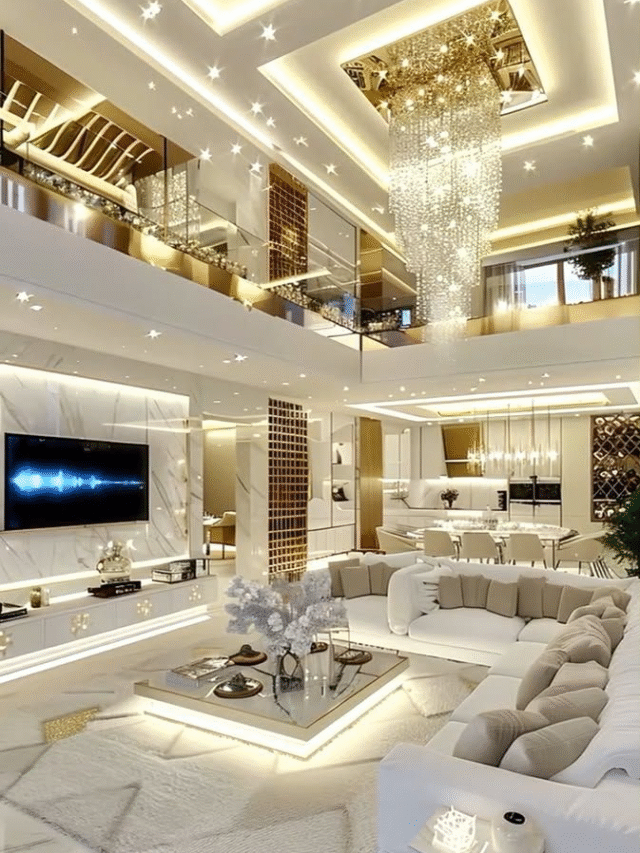 Modern living room with elegant lighting, plush seating, and a chandelier.